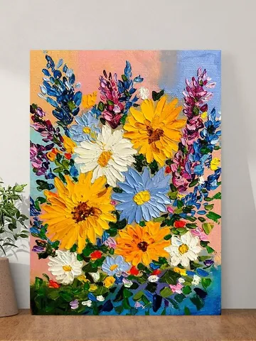 Oil Painting Bright Flowers Chamomile Sunflowers Impasto Art Miniature 18x24 cm $74.37