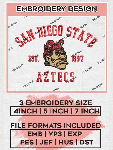 San Diego State Aztecs Est 1897 Logo Embroidery Designs, NCAA San Diego State Aztecs Team Embroidery, NCAA Team Logo, 3 sizes, Machine embroidery Files, Digital Download $6.99