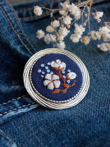 Handmade cotton flower brooch 2nd anniversary gift for wife Navy blue white cotton boll brooch Linen Ukraine jewelry Round floral pin $49.00
