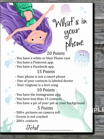 Mermaid What's in Your Phone Birthday Party Game,Adult Birthday party game-fun games for her-Instant download $1.75