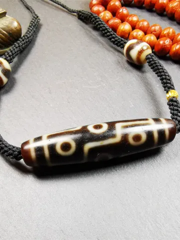 Gandhanra Antique Tibetan 9 Eyed Dzi Bead Necklace, 2.1&quot; x 0.51&quot;, 30 Years Old $189.99
