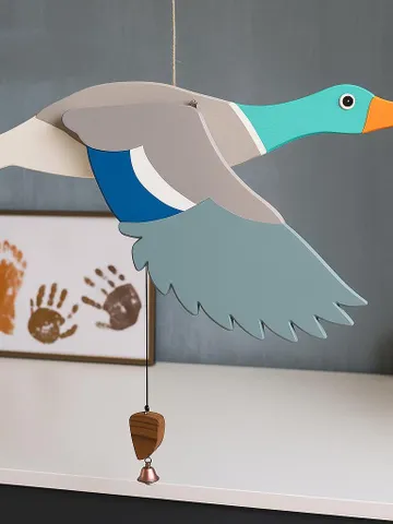 Handmade Wooden Duck Mobile - Flying Bird Toy with Moving Wings for Kids Room or Nursery | Natural Wood Animal Gift & Home Decor