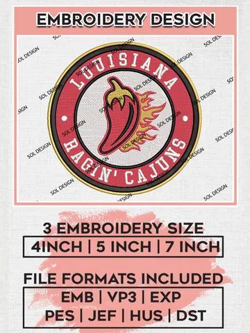 NCAA Louisiana Ragin Cajuns Round Logo Embroidery, NCAA Louisiana Ragin Logo Embroidery files, NCAA Teams, Machine embroidery designs, Digital Download $6.99