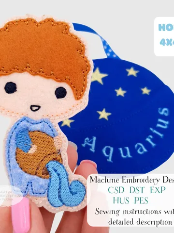 ITH Aquarius Zodiac Finger Puppet & Bag Embroidery Design, Water Bearer Toy, 4x4 Hoop Christmas Ornament File $6.00