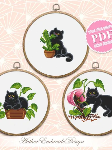 Set black cat cross stitch pattern PDF download House plants cross stitch chart, Funny cat pattern digital PDF, Cat lover gift #K48 $10.50