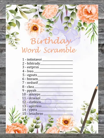 Pastel Flowers Birthday Word Scramble Game,Adult Birthday party game-fun games for her-Instant download $1.75