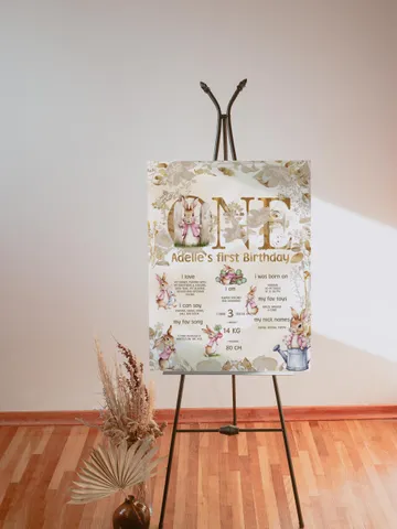 Editable and printable Milestone Board for the 1st Baby Birthday Party in Peter Rabbit theme instant download and unlimited access pr777 $11.62