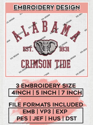 NCAA Alabama Crimson Tide Est Football Team Round Logo Embroidery Designs, NCAA Alabama Crimson Tide Machine Embroidery Files, NCAA Logo embroidery designs, NCAA Alabama Crimson Logo, Digital Download $6.99