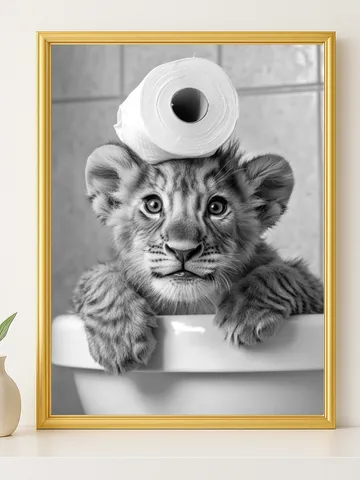Funny Tiger Cub Bathroom Wall Art, Cute Jungle Animal with Toilet Paper Hat Print, Playful Safari Bathroom Decor, Digital Download
