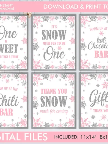 Winter Onederland Signs, Winter Onederland Birthday Girl Decorations, Pink Silver Snowflakes First Birthday Decorations Instant Download $10.00