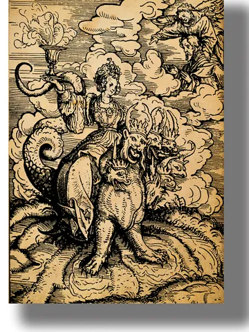 The Whore of Babylon, sitting on a seven-headed Beast. Gothic style wall hanging. $21.00