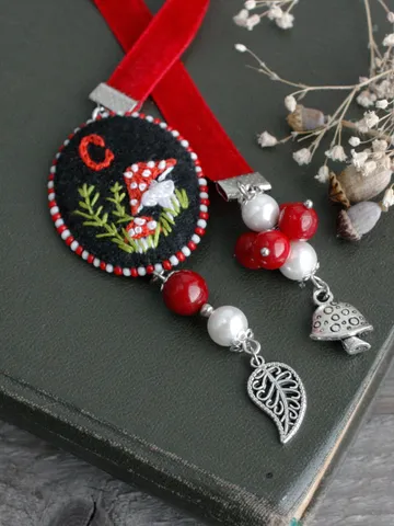 Handmade monogrammed mushroom bookmark with initial Red velvet ribbon cottagecore bookmark with pearl and coralPersonalized Fungi gift