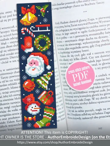 Christmas bookmark cross stitch pattern PDF download Christmas sampler cross stitch chart Bookmark pattern digital PDF Book lover gift #B230 $4.40