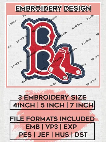 MLB Boston Red Sox Machine Embroidery Files, MLB Boston Red Sox Team Embroidery, MLB Teams, 3 sizes, MLB Machine embroidery designs, Digital Download $6.99