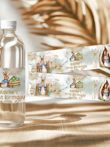 Editable and Printable water bottle Label template 1st Baby Birthday party in Peter Rabbit style instant download and unlimited access pr888 $10.45