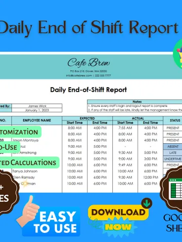 Daily End of Shift Report Template, Editable Google Sheets, Digital Download for Shift Reporting & Team Performance Tracking $6.86