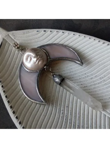 Stained glass moon, Moon Goddess, Moon phase necklace, Stainglass crescent, Full moon pendant, Moon face necklace $59.00
