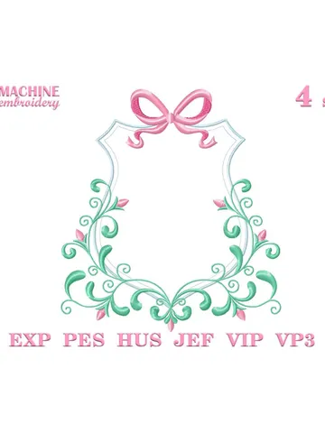 Frame floral crest embroidery design Machine embroidery pattern 4 size, Bow and scroll floral for baby monogram frame embroidery files #R42 $4.40