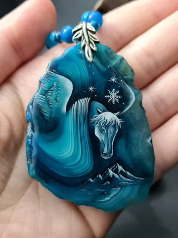 Snow horse necklace Jewelry Hand painted on blue agate miniature painting $120.00