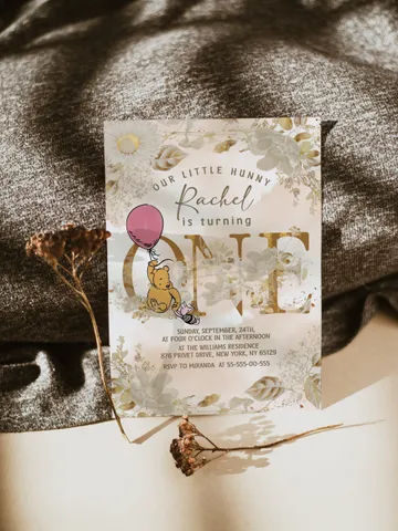Winnie the Pooh Inspired First Birthday; Classic Winnie Pooh Invitations; Neutral Winnie Pooh Turning One; Winnie Pooh Birthday Party $12.78