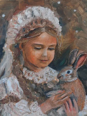 "Oil painting on canvas on cardboard: a girl with a rabbit 8x8 inc" $120.00