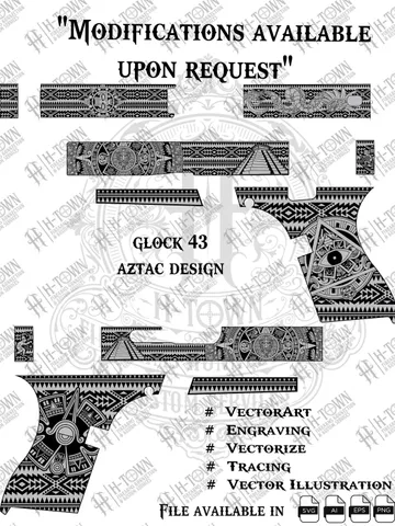 Glock 43 Aztec Engraving Design | Tribal Grip & Slide Vector | Laser Ready Svg PNG EPS AI | Ancient Pistol Artwork