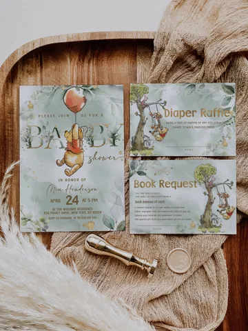Classic Winnie Pooh Baby Shower Invitation Set; Neutral Baby Shower Template; Wizard Baby Shower Invite Honey Bear Invite Winnie Pooh pg123 $22.95