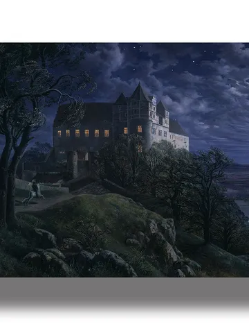 Burg Scharfenberg at Night. Gothic landscape with horseman and castle. $21.00