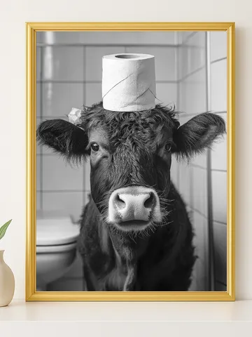 Funny Cow Bathroom Wall Art, Farm Animal with Toilet Paper Hat Print, Rustic Farmhouse Bathroom Decor, Digital Download