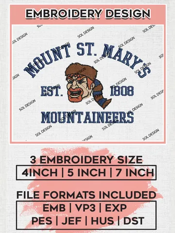 Mount St. Mary's Mountaineers Est 1808 Embroidery Designs, NCAA Mount St Marys Mountaineers Team Embroidery, NCAA Team Logo, 3 sizes, Machine embroidery Files, Digital Download $6.99