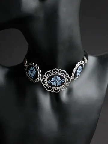 Dusty blue necklace Ukrainian statement choker necklace ethnic vyshyvanka handmade velvet choker Light pastel blue black Ukraine jewelry $59.05