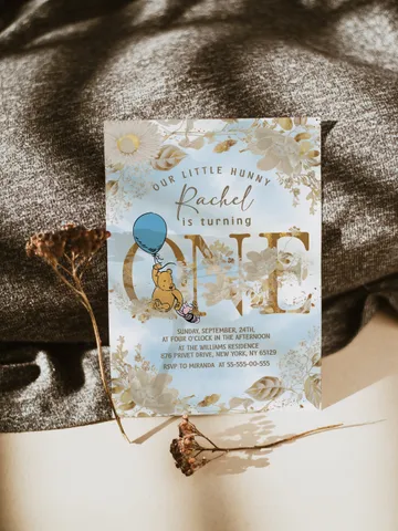 Winnie the Pooh Inspired First Birthday; Classic Winnie Pooh Invitations; Neutral Winnie Pooh Turning One; Winnie Pooh Birthday Party $12.78