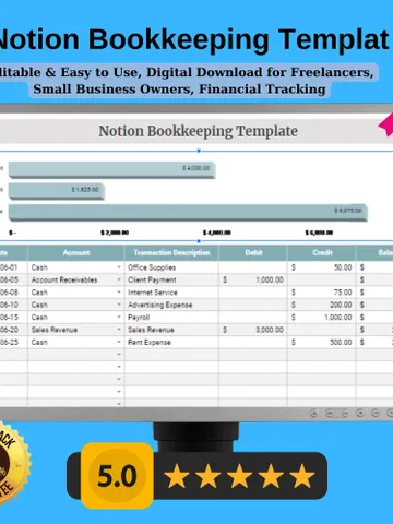 Notion Bookkeeping Template, Editable & Easy to Use, Digital Download for Freelancers, Small Business Owners, Financial Tracking $5.46
