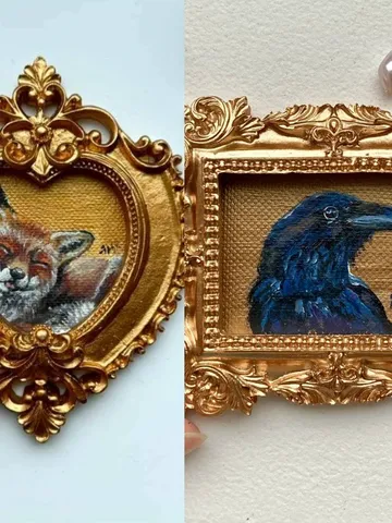 Set of 2 Fox and Crow Portraits Oil Painting Small Original Framed Art Gifts, Mini Gold Framed Decor, Wild Animal Lovers Art, Dark Cottagecore Art $140.00