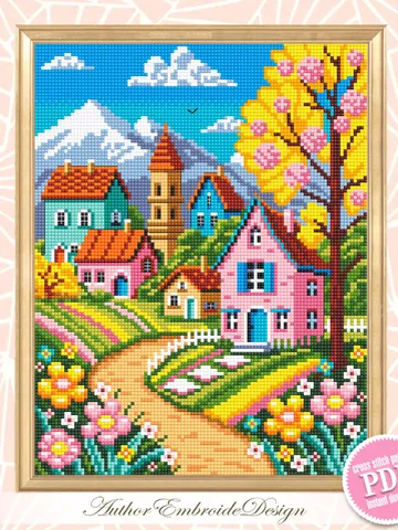 Spring houses cross stitch pattern PDF download Nature landscape cross stitch chart, Flower village pattern digital PDF, Home decor #L18 $4.50