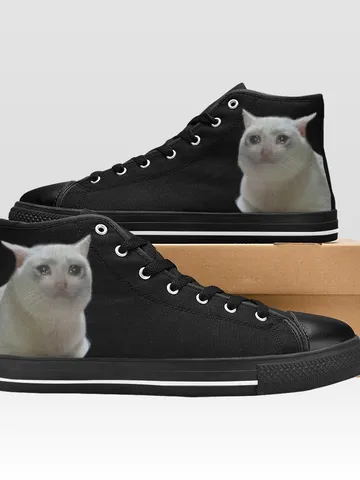 Crying Cat Meme Shoes, High-Top Sneakers, Handmade Footwear $59.97
