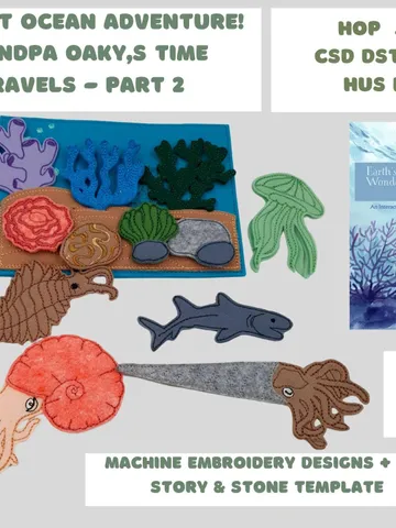 ITH ocean animals designs Felt Ancient Ocean Creatures - Embroidery Designs + PDF Story & Stones Template | Grandpa Oaky Adventures 4x4 $15.00