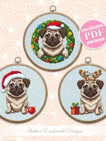 Christmas pug dog cross stitch pattern PDF download Set Pug christmas cross stitch chart, Christmas dog embroidery PDF, Dog lover gift #N104 $11.40