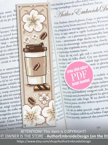 Coffee bookmark cross stitch pattern PDF download Takeaway Coffee cross stitch chart, Bookmark pattern digital PDF, Coffee lover gift #B375 $4.40