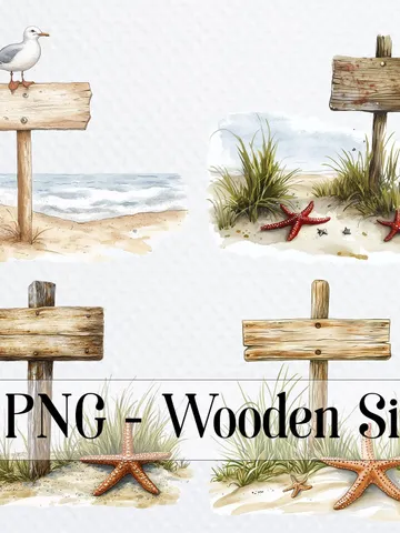 13 Wooden Sign PNG Clipart Bundle, Beach Sign png, Nautical signs, Printable Watercolor clipart, Sublimation, Paper craft, junk journals $2.64