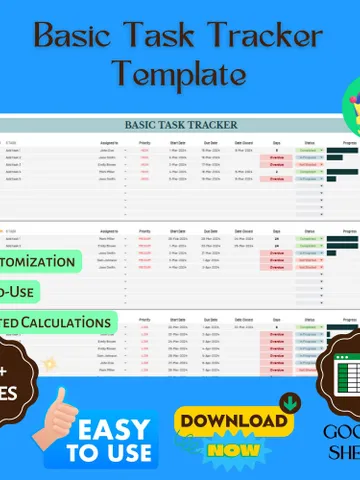 Basic Task Tracker Template, Editable Google Sheets, Simple Task Management Tool for Productivity $8.26