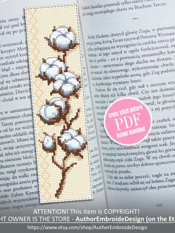 Cotton plant bookmark cross stitch pattern PDF download Modern handmade bookmark digital PDF, Floral cross stitch chart, Bavovna plant #B138 $4.40