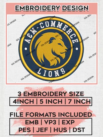 NCAA Texas A&M Commerce Lions Round Logo Embroidery, NCAA Texas A&M Commerce Lions Logo Embroidery files, NCAA Teams, Machine embroidery designs, Digital Download