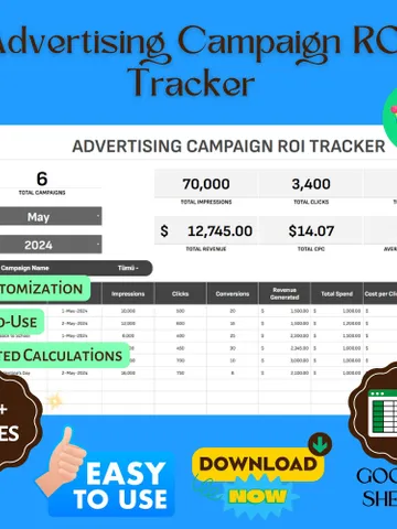 Advertising Campaign ROI Tracker Template, Marketing Return on Investment Calculator, Campaign Performance Tracker $8.26