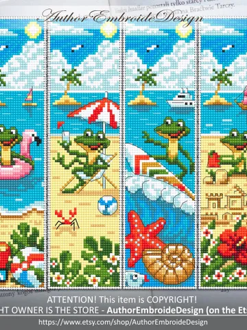 Beach bookmarks cross stitch pattern PDF download Funny frog cross stitch chart Summer bookmark set pattern digital PDF Beach vacation #B456 $14.80