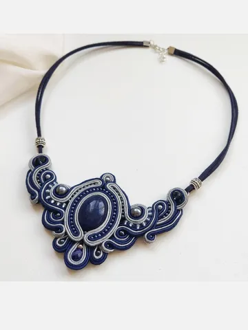 Lapis Lazuli Necklace, Blue Statement Necklace, Soutache necklace with natural stone