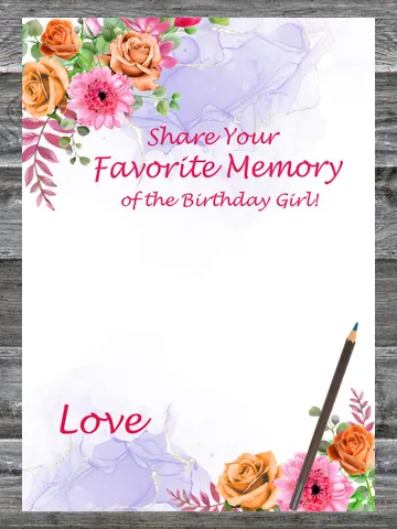 Flowers Birthday Game Favorite Memory of the Birthday Girl,Adult Birthday party game-fun games for her-Instant download $1.75