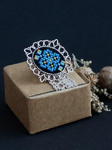 Hand made blue yellow Ukrainian ring Large oval cameo rings for women Cocktail adjustable ring Folk traditional Ukrainian jewelry souvenir