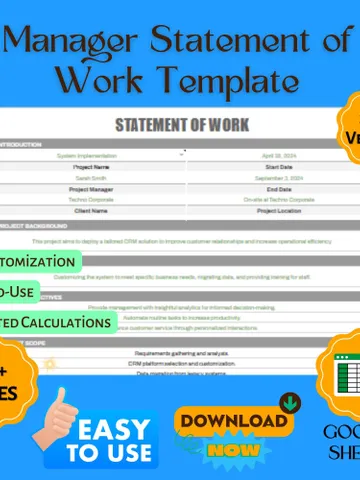 Manager Statement of Work Template, Leadership Role Scope, SOW Agreement Form, Google Sheets Work Planner $6.90