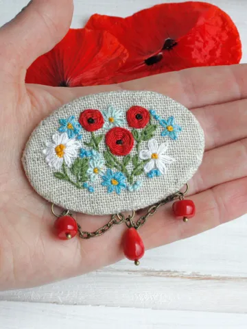 Handmade red poppy pin Ukrainian botanical wild flowers forget-me-not daisies floral brooch Cottagecore cloth textile jewelry $41.00